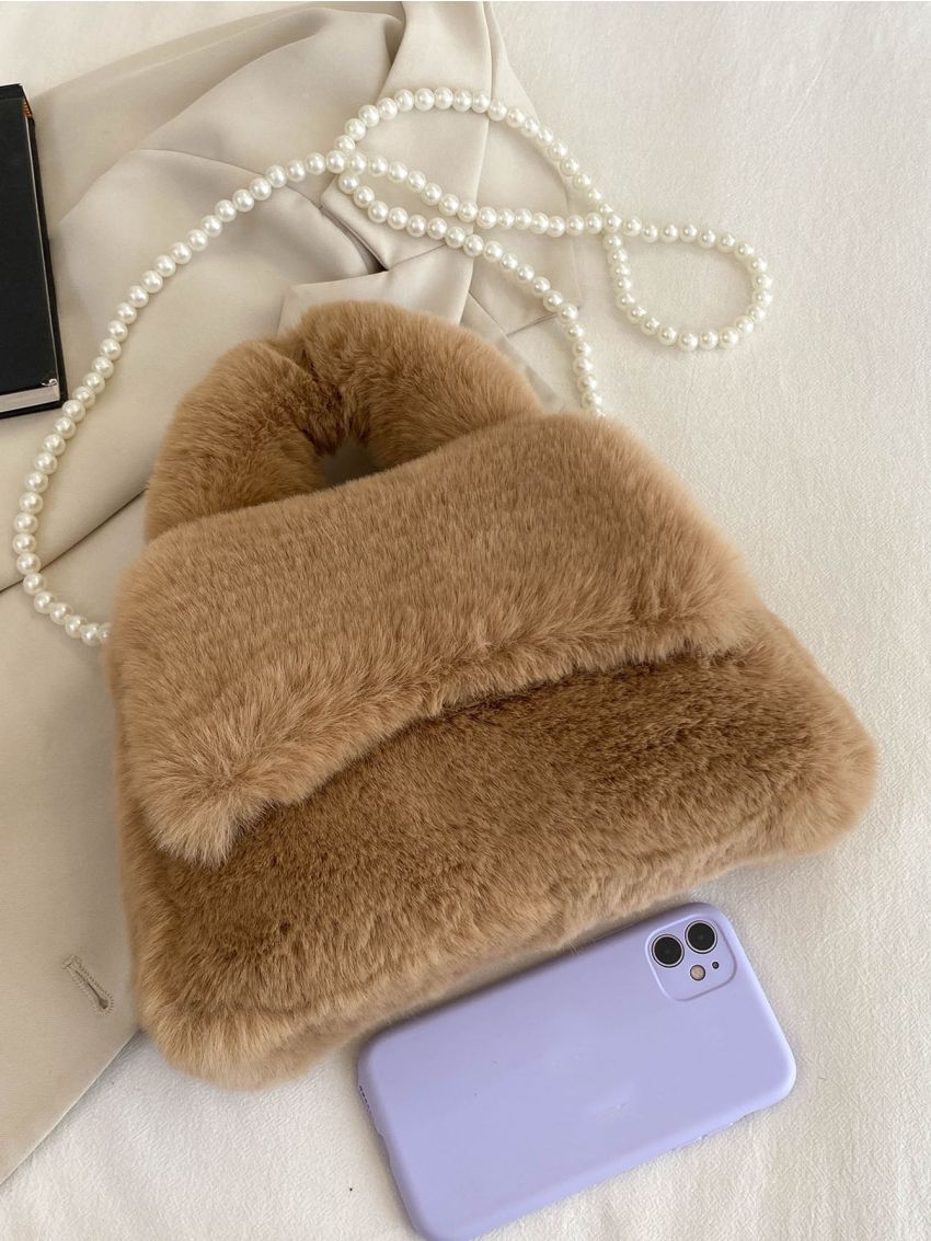 Faux Pearl Beaded Flap Flannelette Square Bag