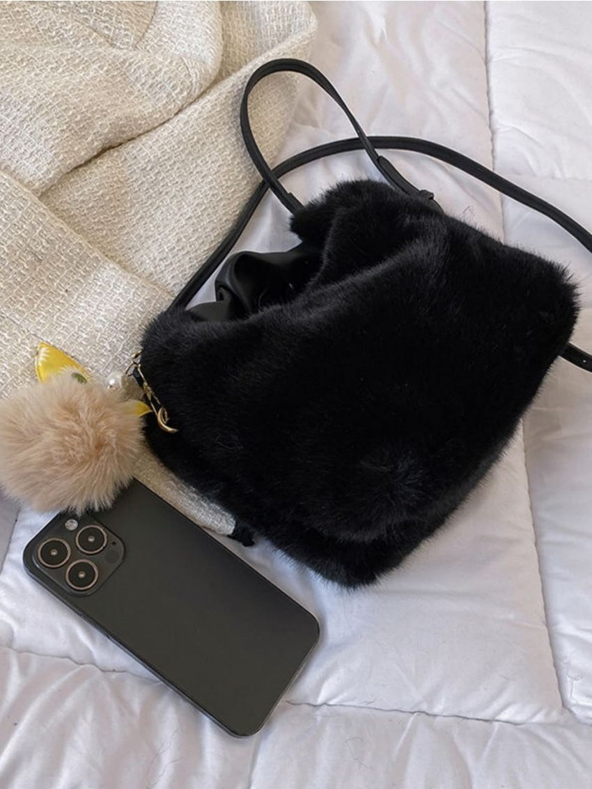 Minimalist Fuzzy Hobo Bag With Pompom Charm
