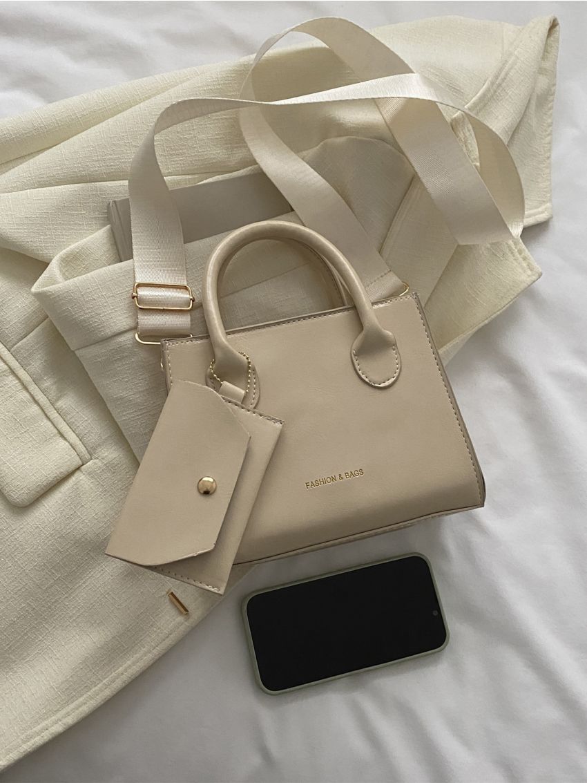 Letter Detail Double Handle Square Bag With Coin Purse