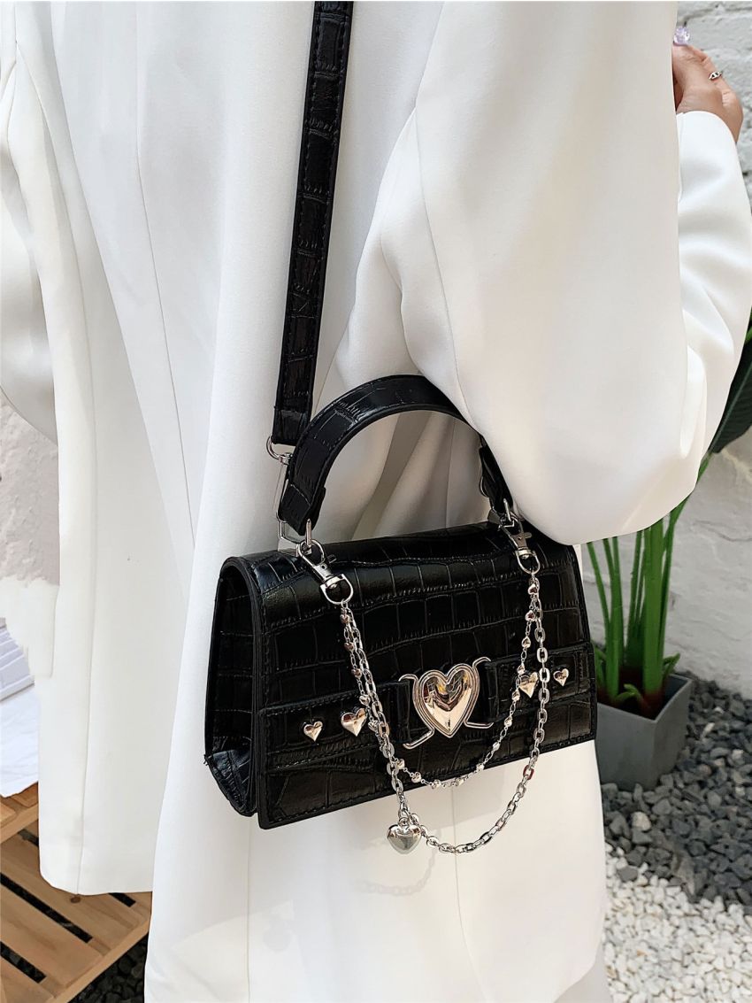 Mini Crocodile Embossed Heart & Chain Decor Flap Square Bag