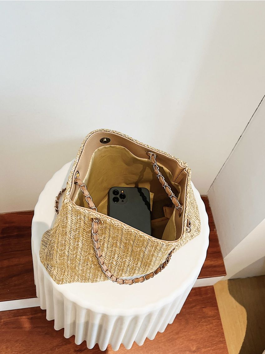 Colorblock Letter Print Grommet Eyelet Straw Bag