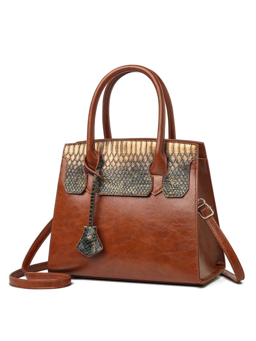 Crocodile Embossed Square Bag With Bag Charm, Mothers Day Gift For Mom