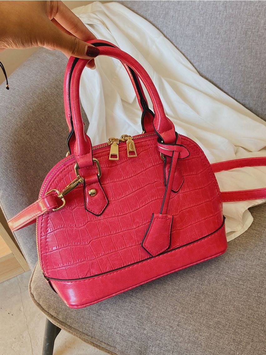 Neon Pink Crocodile Embossed Dome Bag