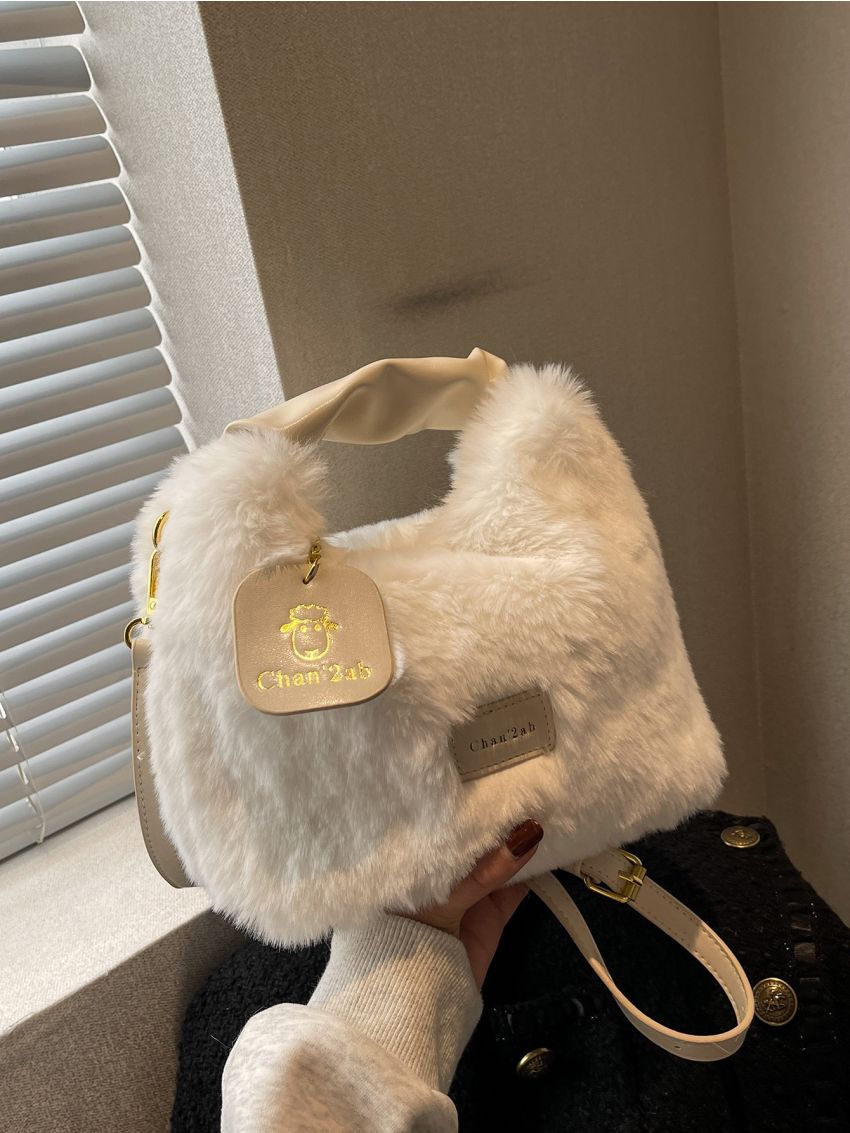 Patch Detail Fluffy Hobo Bag With Bag Charm