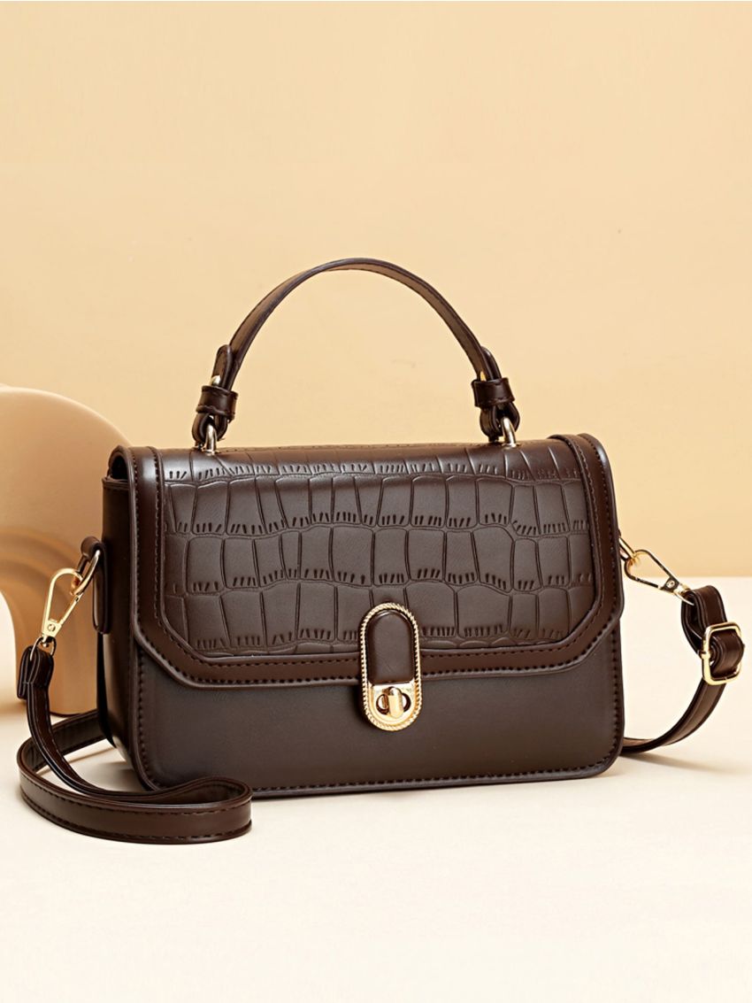 Crocodile Embossed Twist Lock Square Bag