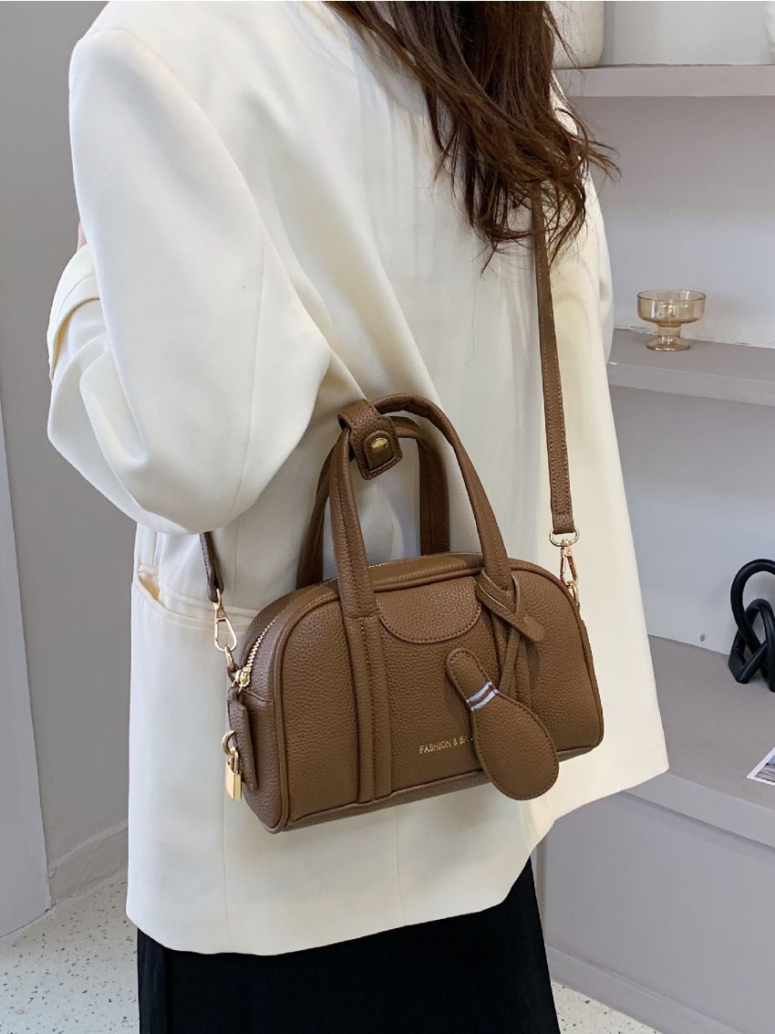 Letter Detail Litchi Embossed Double Handle Square Bag