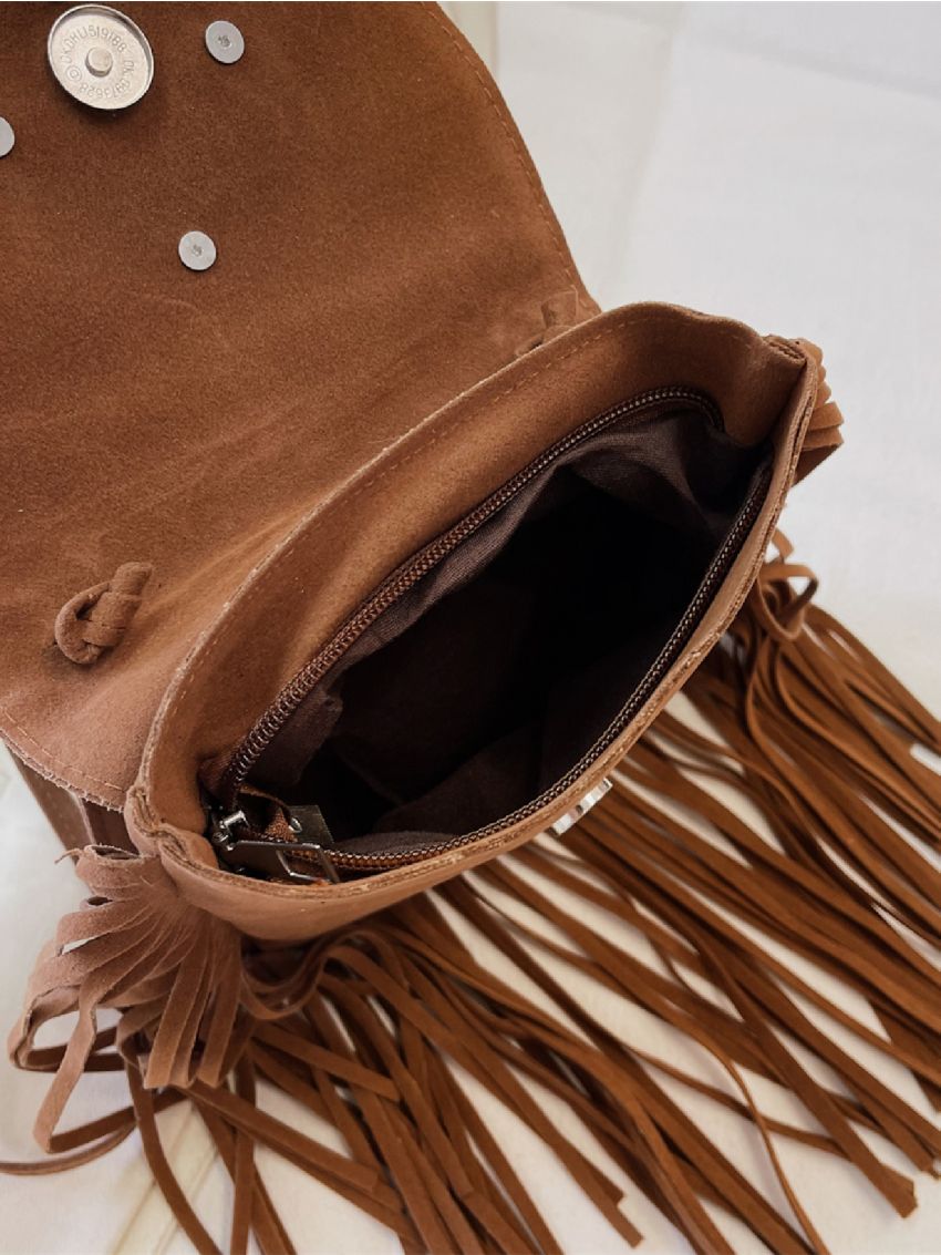 Fringe Trim Suede Crossbody Bag, Small Feather Decor Flap Purse, Women's Boho Style Shoulder Bag
