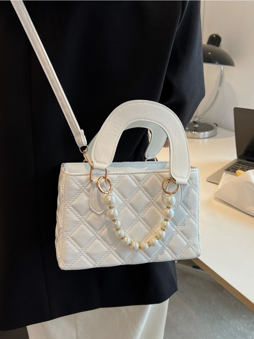 Faux Pearl Decor Argyle Quilted Square Bag
