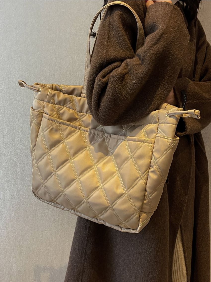 Argyle Quilted Drawstring Detail Shoulder Tote Bag