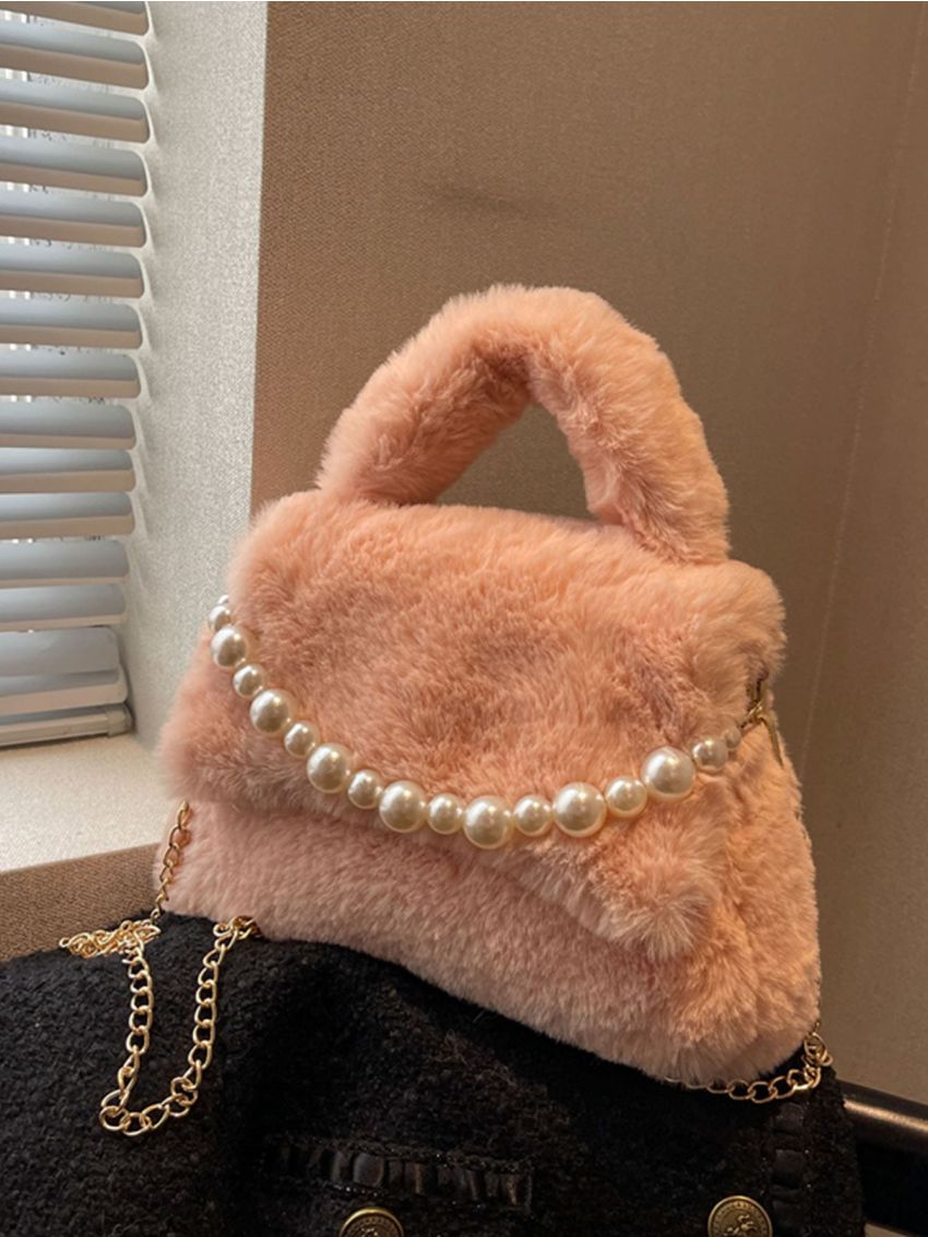 Faux Pearl Decor Fluffy Square Bag