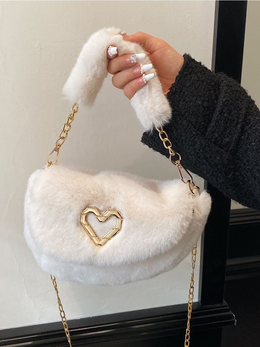 Heart Decor Flap Chain Fuzzy Shoulder Bag