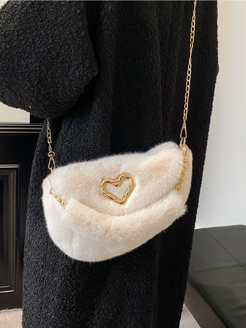 Heart Decor Flap Chain Fuzzy Shoulder Bag