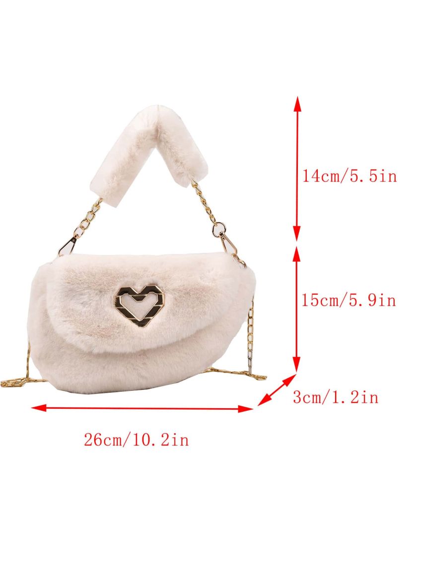 Heart Decor Flap Chain Fuzzy Shoulder Bag