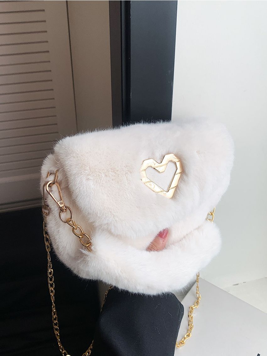 Heart Decor Flap Chain Fuzzy Shoulder Bag