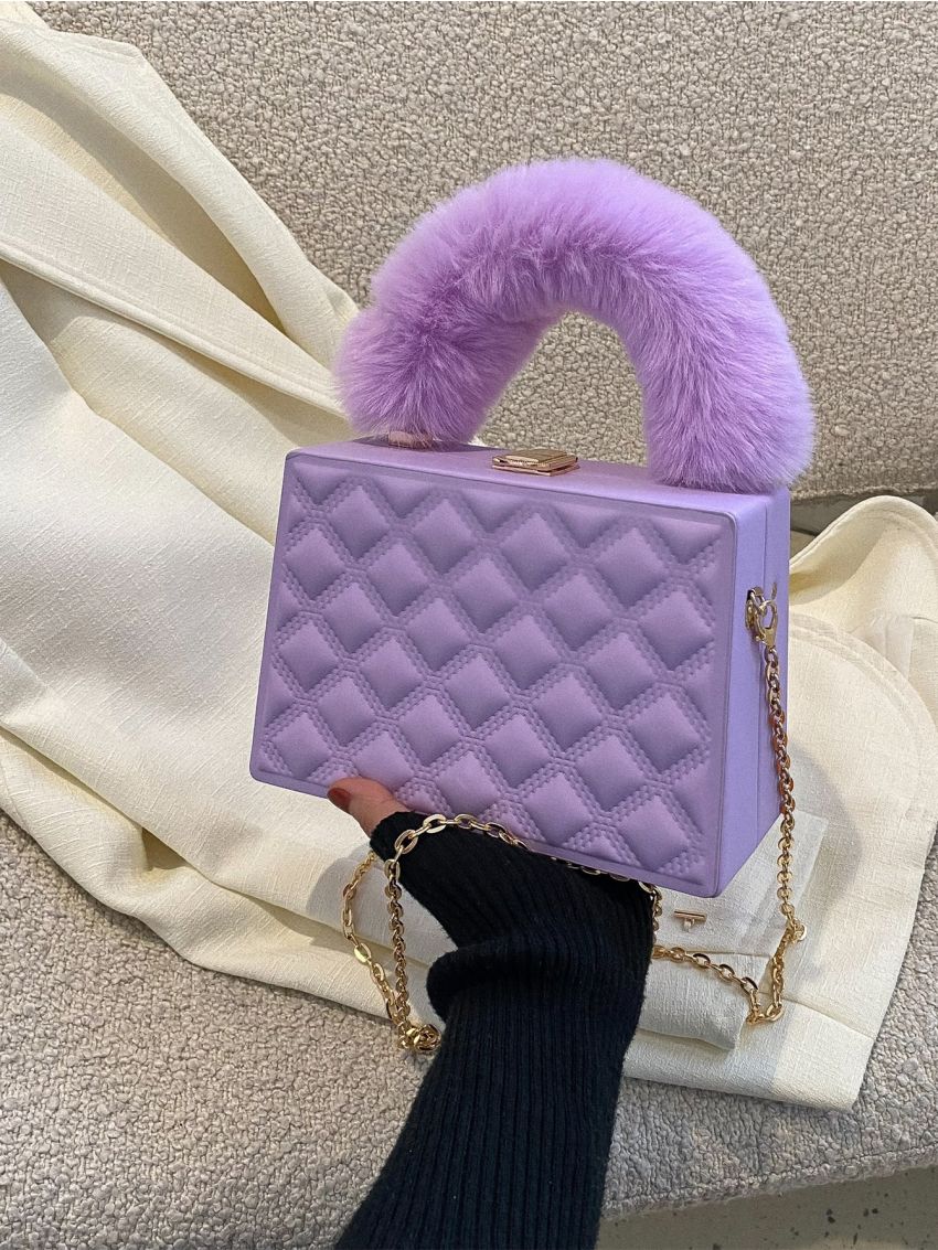 Mini Geometric Embossed Fuzzy Chain Box Bag