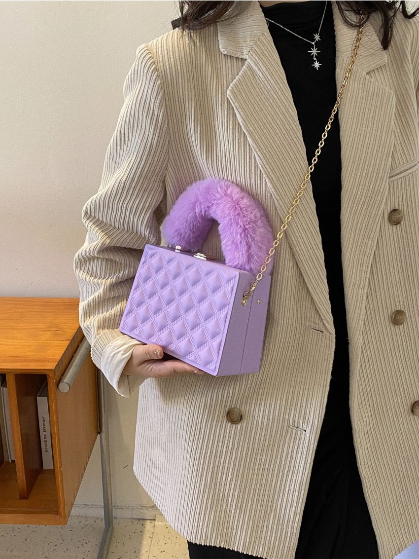 Mini Geometric Embossed Fuzzy Chain Box Bag