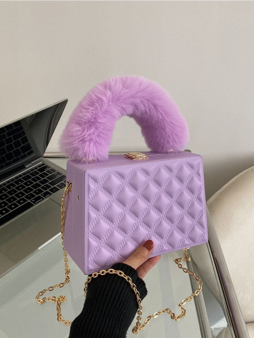 Mini Geometric Embossed Fuzzy Chain Box Bag