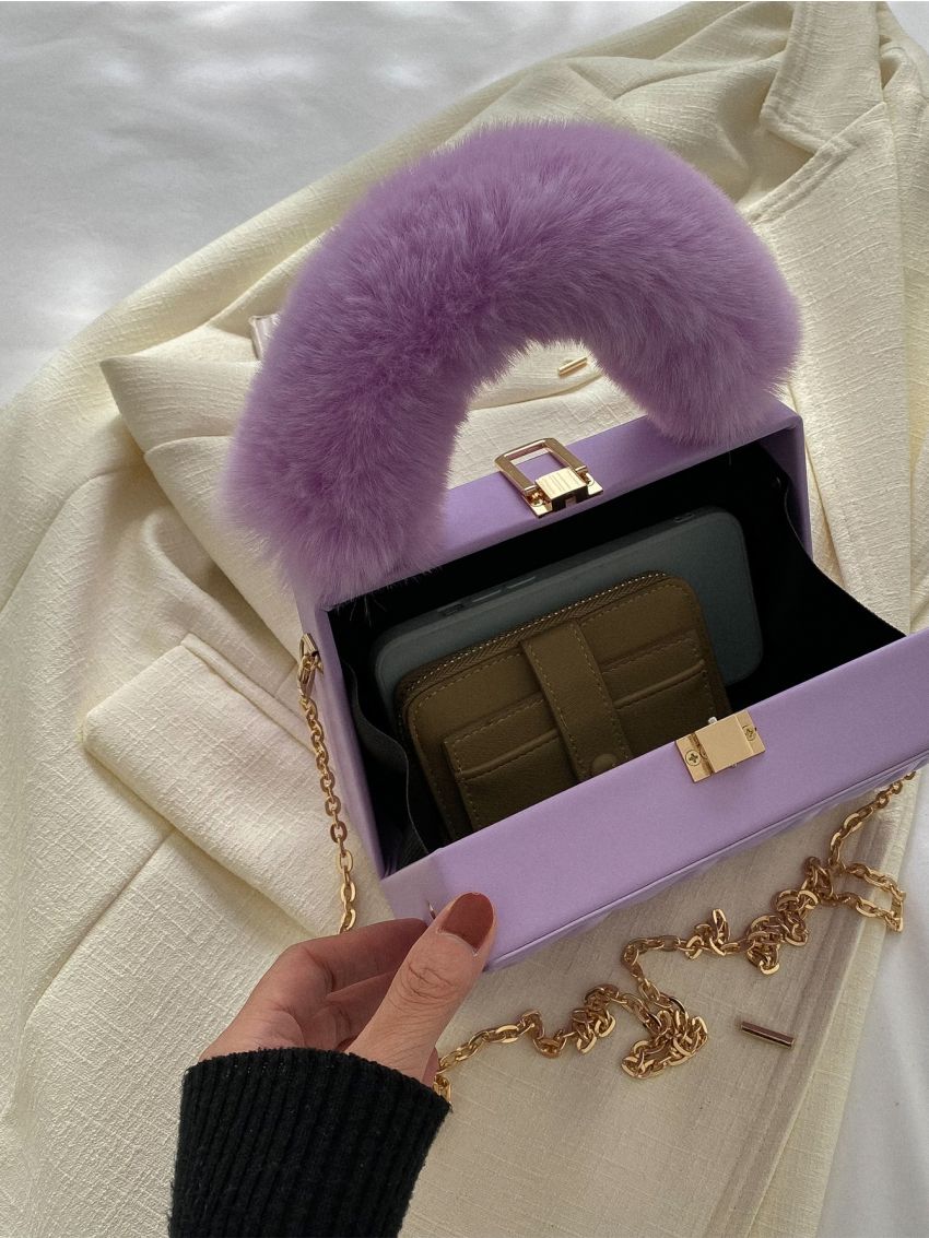 Mini Geometric Embossed Fuzzy Chain Box Bag