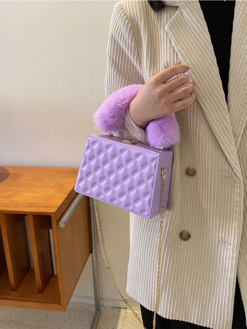 Mini Geometric Embossed Fuzzy Chain Box Bag