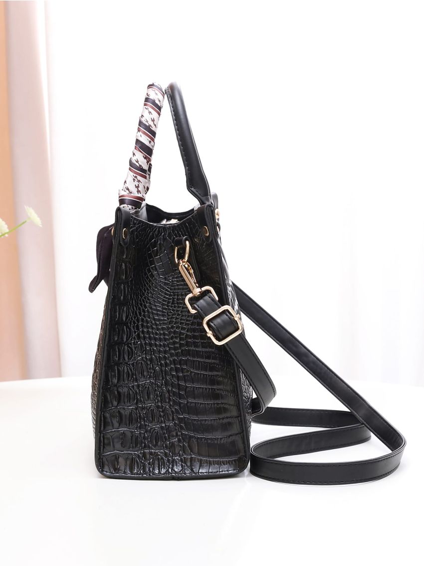 Twilly Scarf Decor Crocodile Embossed Square Bag, Mothers Day Gift For Mom