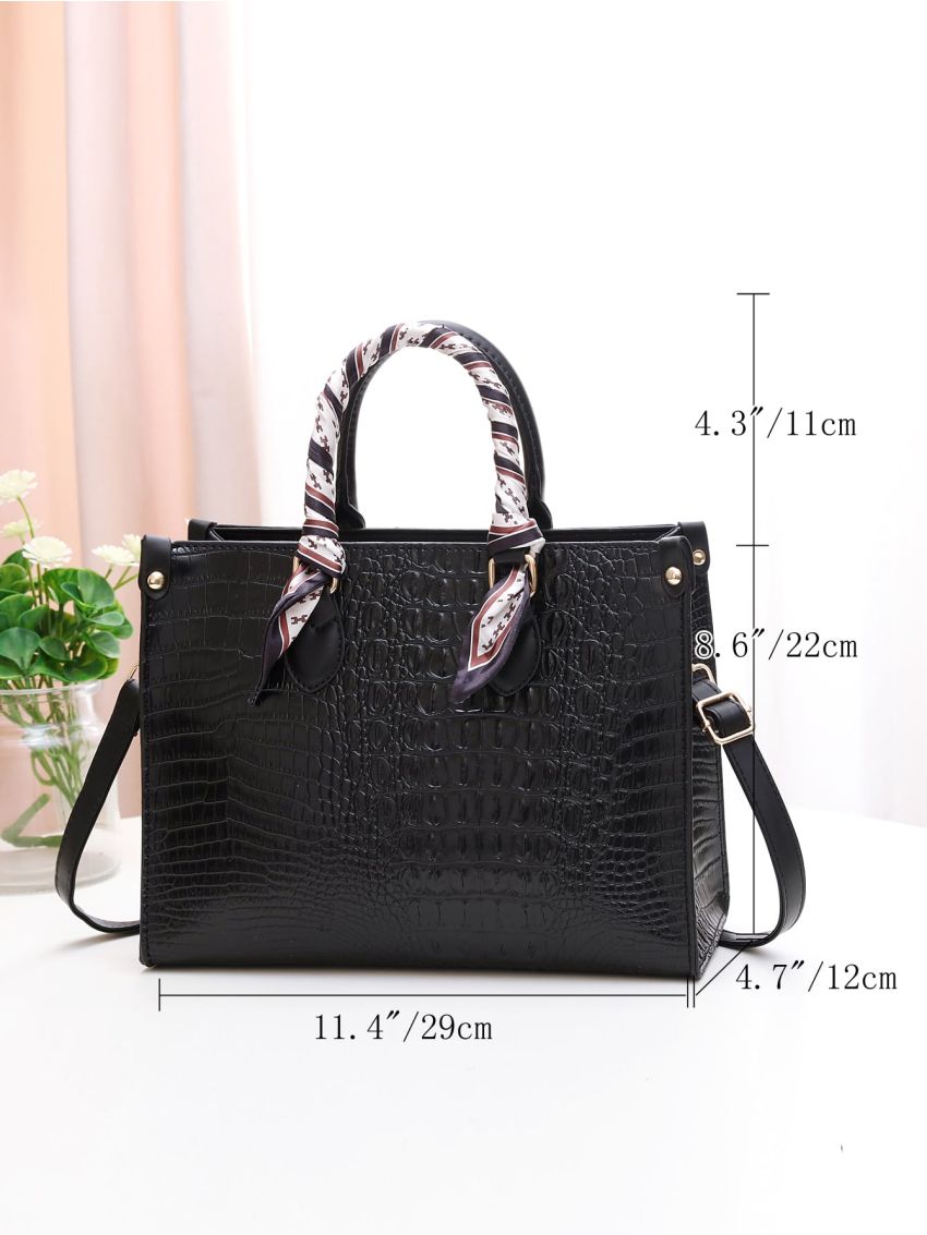 Twilly Scarf Decor Crocodile Embossed Square Bag, Mothers Day Gift For Mom