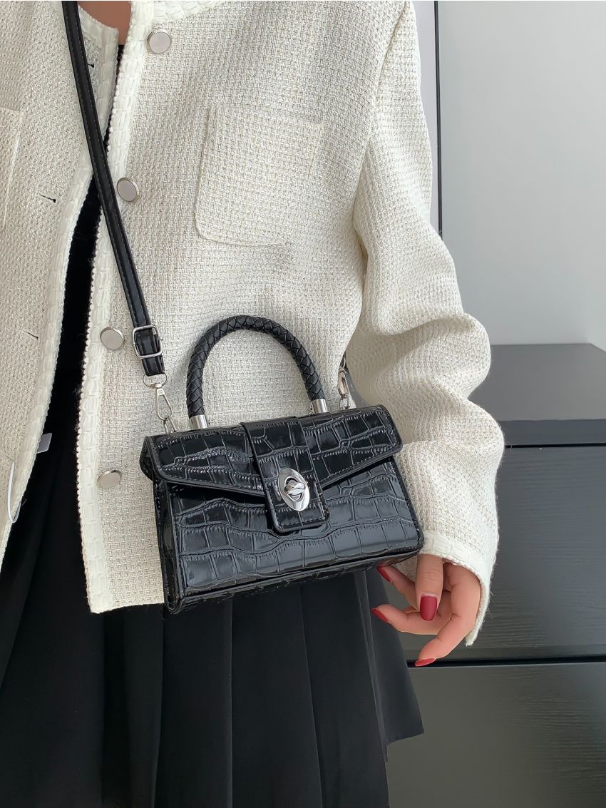 Mini Crocodile Embossed Weave Detail Flap Square Bag