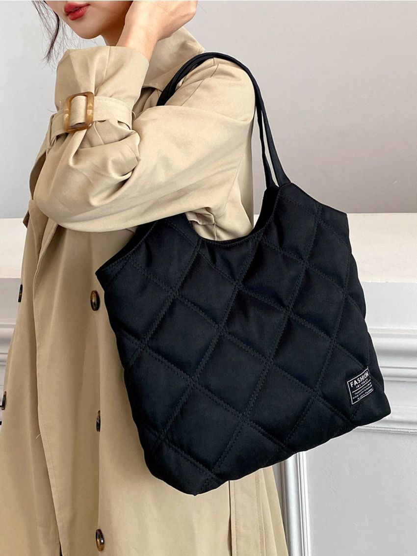 Quilted Detail Letter Patch Decor Shoulder Tote Bag