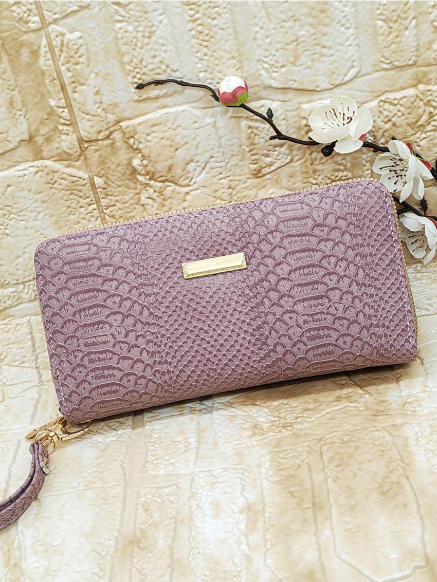 Snakeskin Embossed Metal Decor Long Wallet
