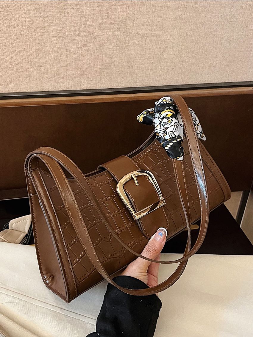Random Crocodile Embossed Baguette Bag Medium Buckle Decor