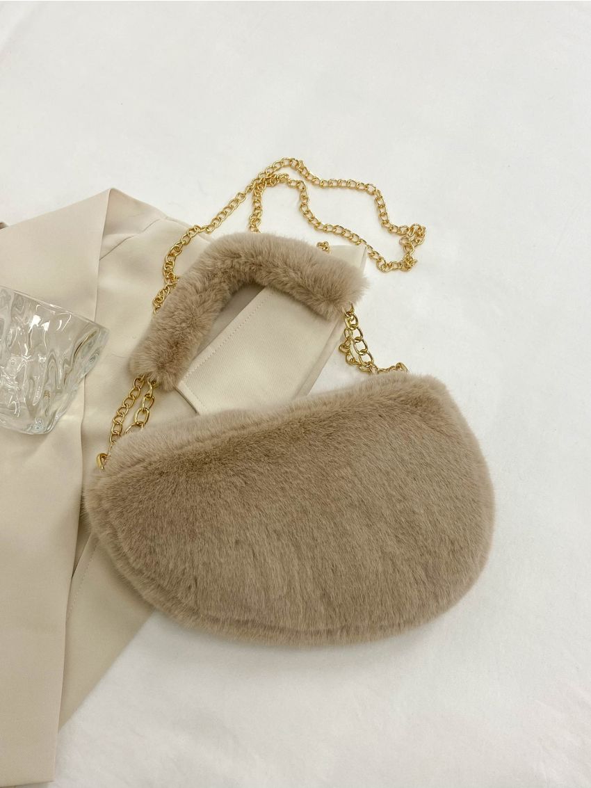 Heart Decor Flap Chain Fuzzy Saddle Bag