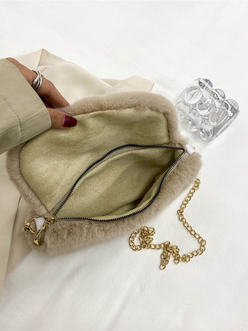 Heart Decor Flap Chain Fuzzy Saddle Bag