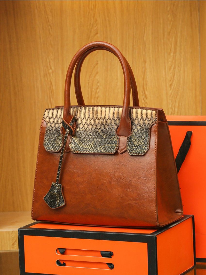 Crocodile Embossed Square Bag With Bag Charm, Mothers Day Gift For Mom