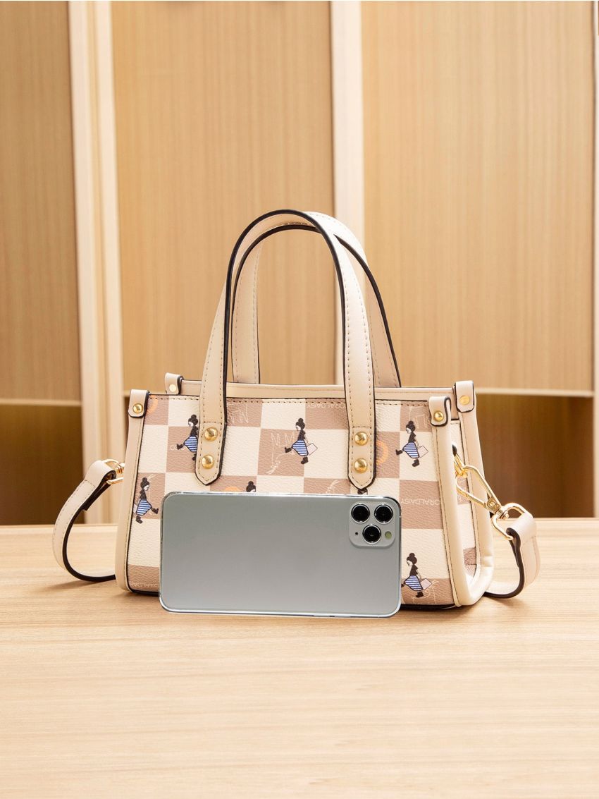 Checkered & Figure Graphic Square Bag