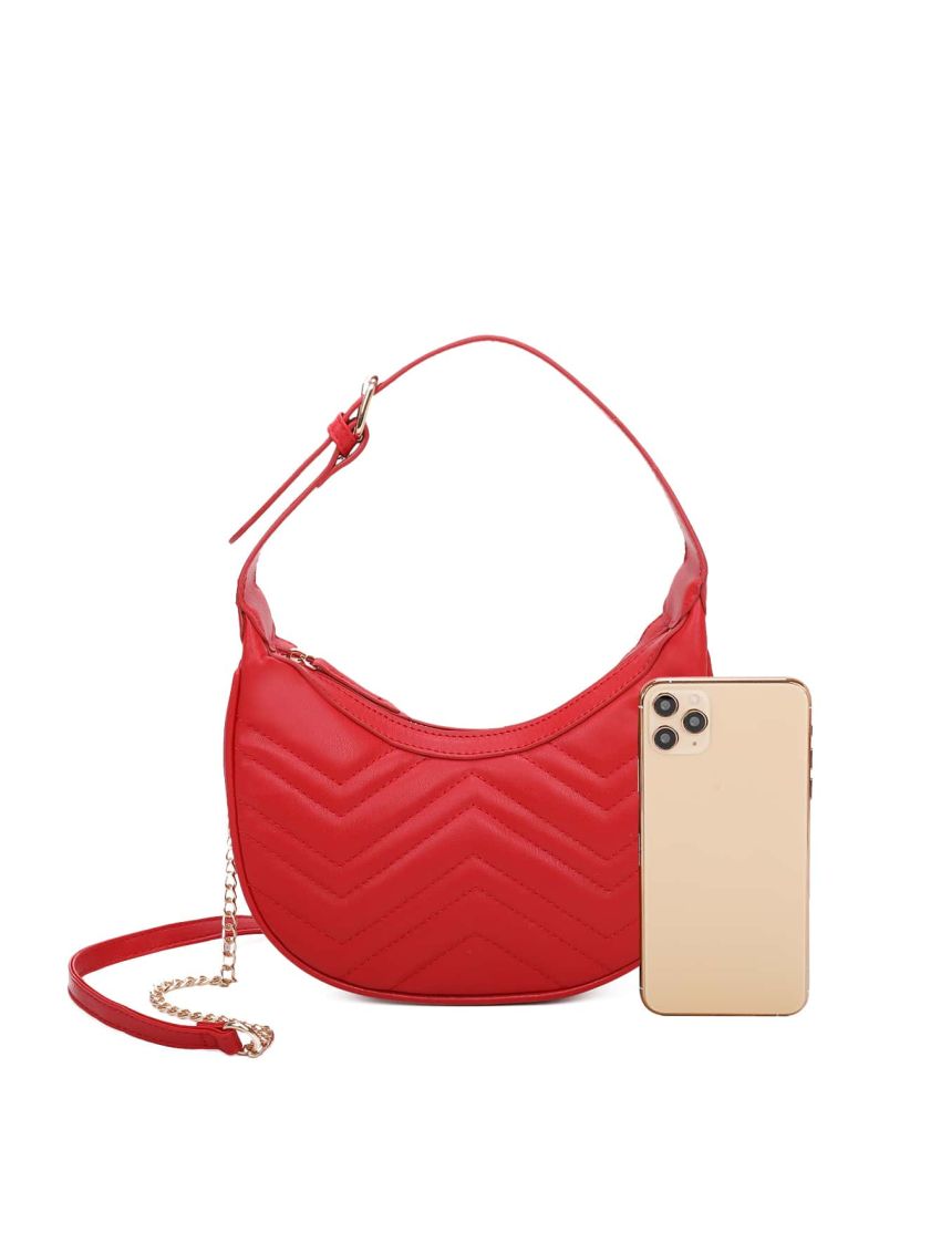 Neon-red Chevron Quilted Chain Hobo Bag