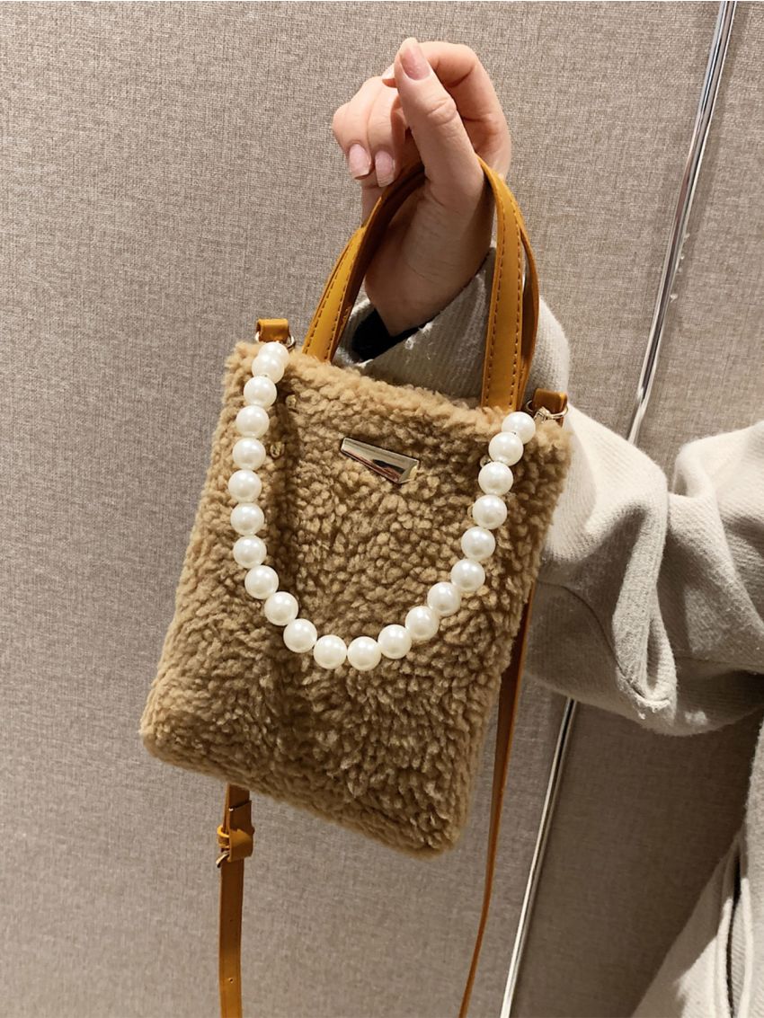Mini Faux Pearl Beaded Metal Decor Fuzzy Square Bag