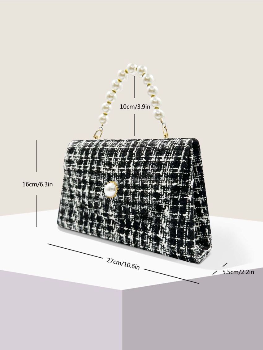 Plaid Pattern Faux Pearl Decor Square Bag