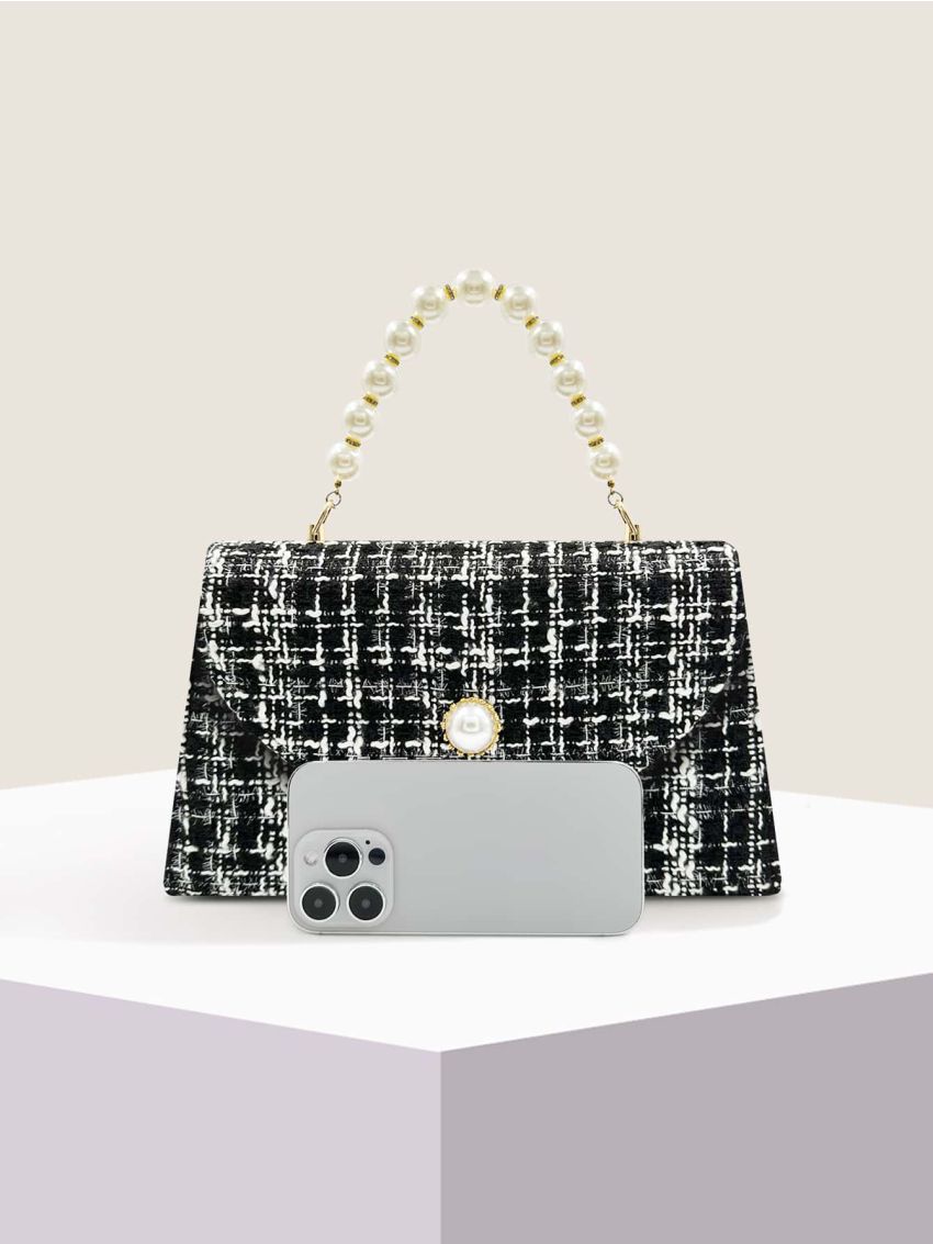 Plaid Pattern Faux Pearl Decor Square Bag