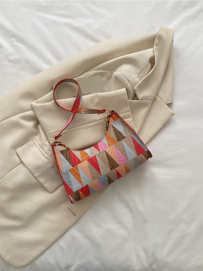 Geometric Pattern Chain Baguette Bag