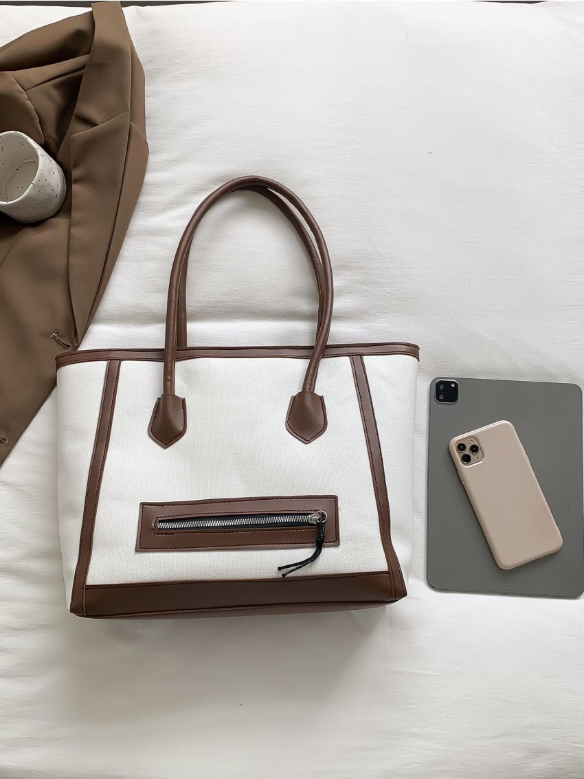 Contrast Binding Shoulder Tote Bag