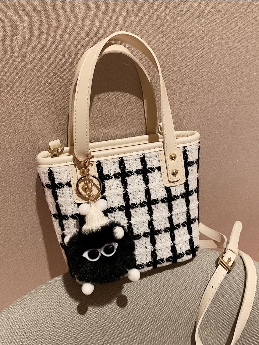 Plaid Pattern Studded Decor Satchel Bag With Cartoon Bag Charm