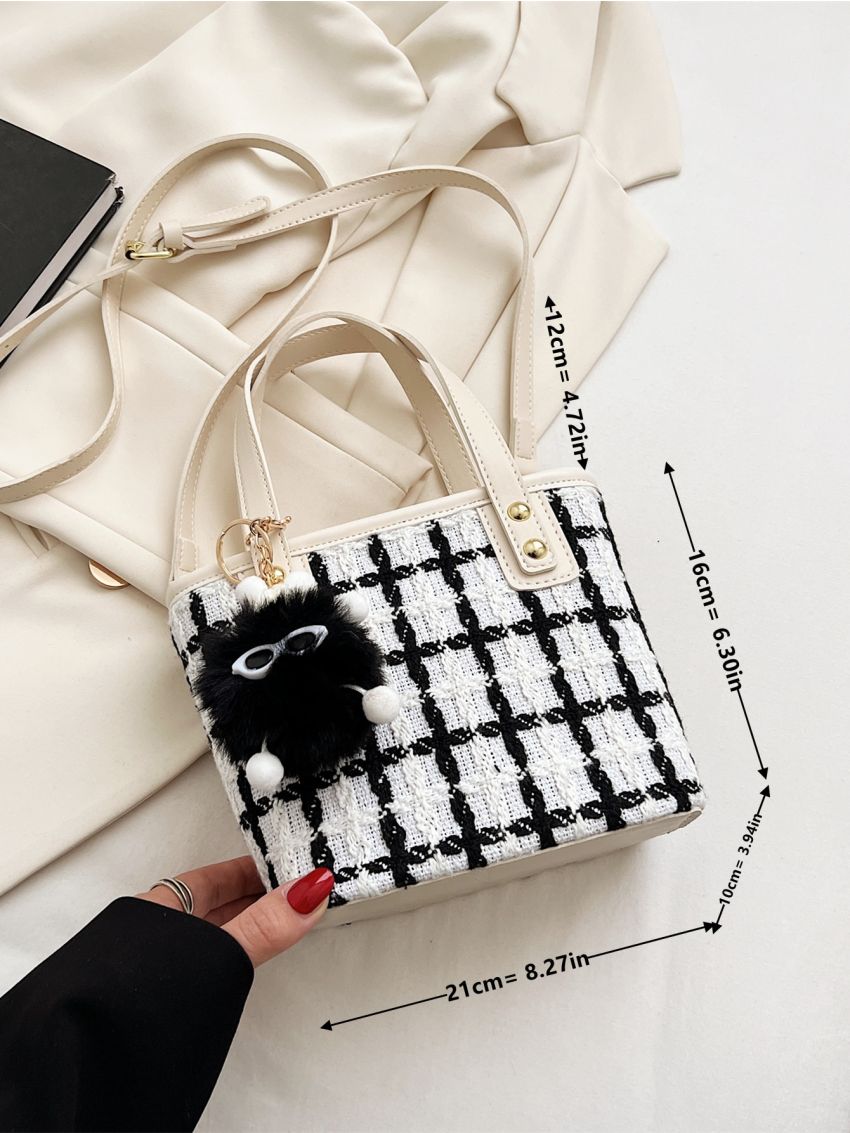 Plaid Pattern Studded Decor Satchel Bag With Cartoon Bag Charm