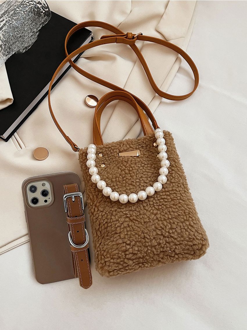 Mini Faux Pearl Decor Fluffy Square Bag