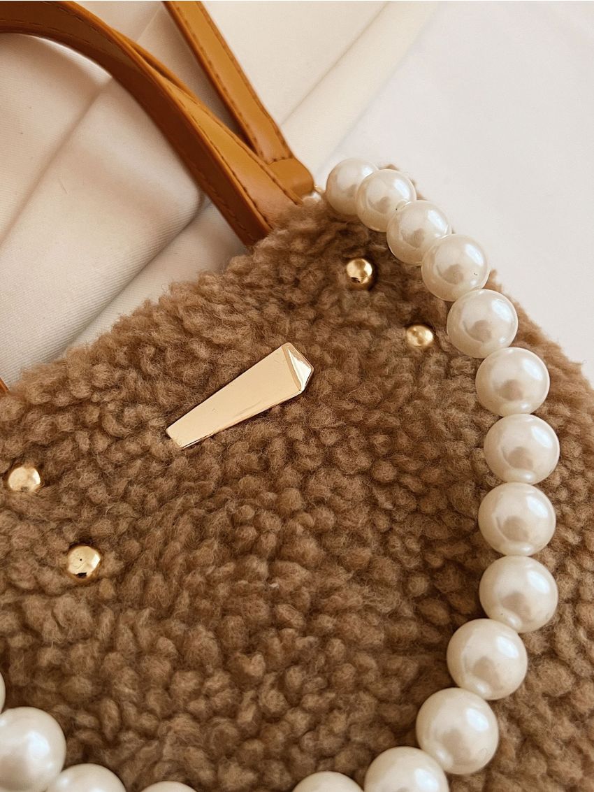 Mini Faux Pearl Decor Fluffy Square Bag