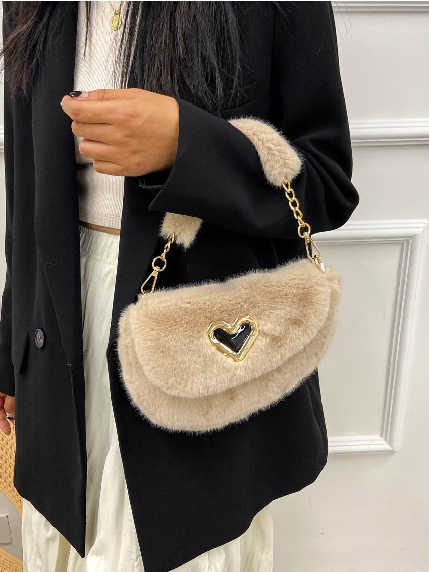 Heart Decor Flap Chain Fuzzy Saddle Bag