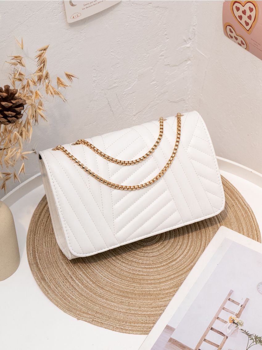 Quilted Detail Chain Flap Square Bag