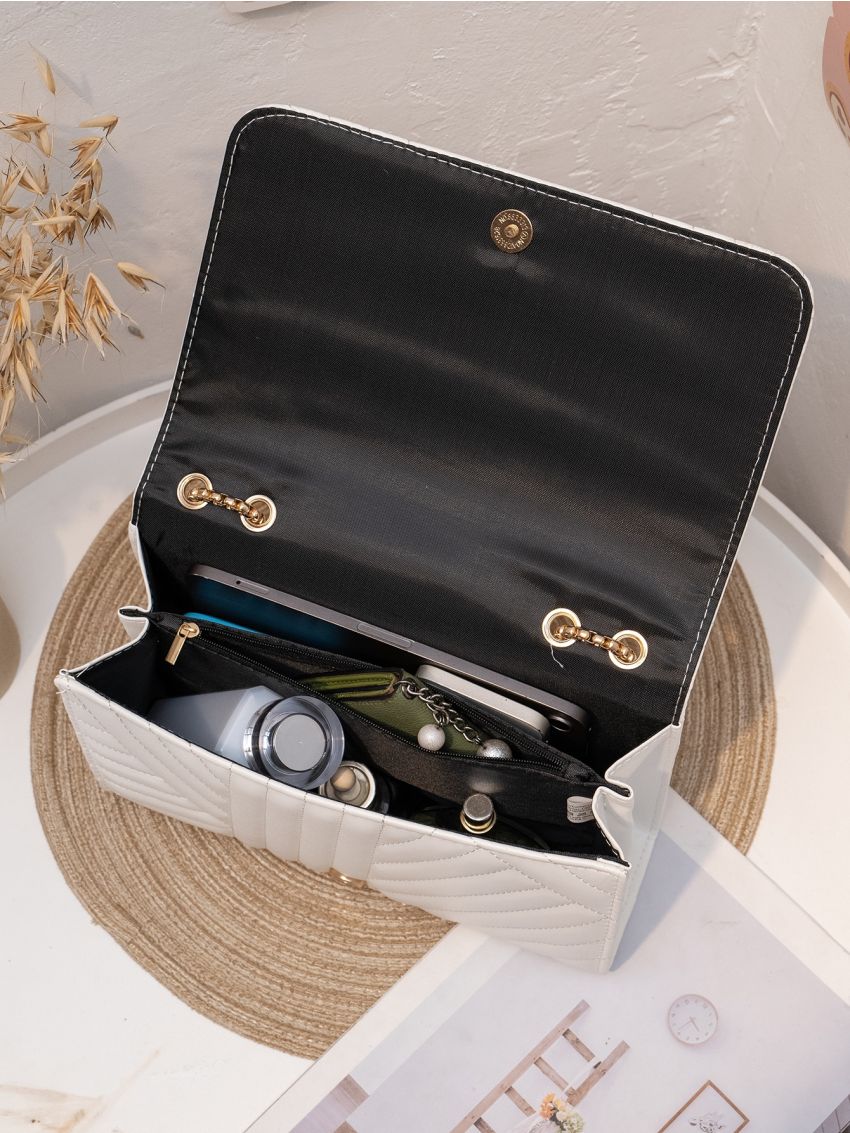 Quilted Detail Chain Flap Square Bag