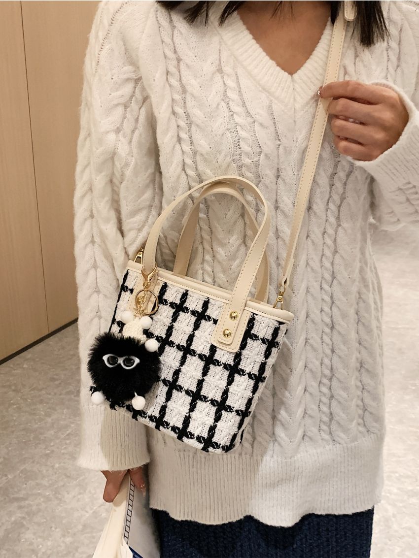 Plaid Pattern Studded Decor Satchel Bag With Cartoon Bag Charm