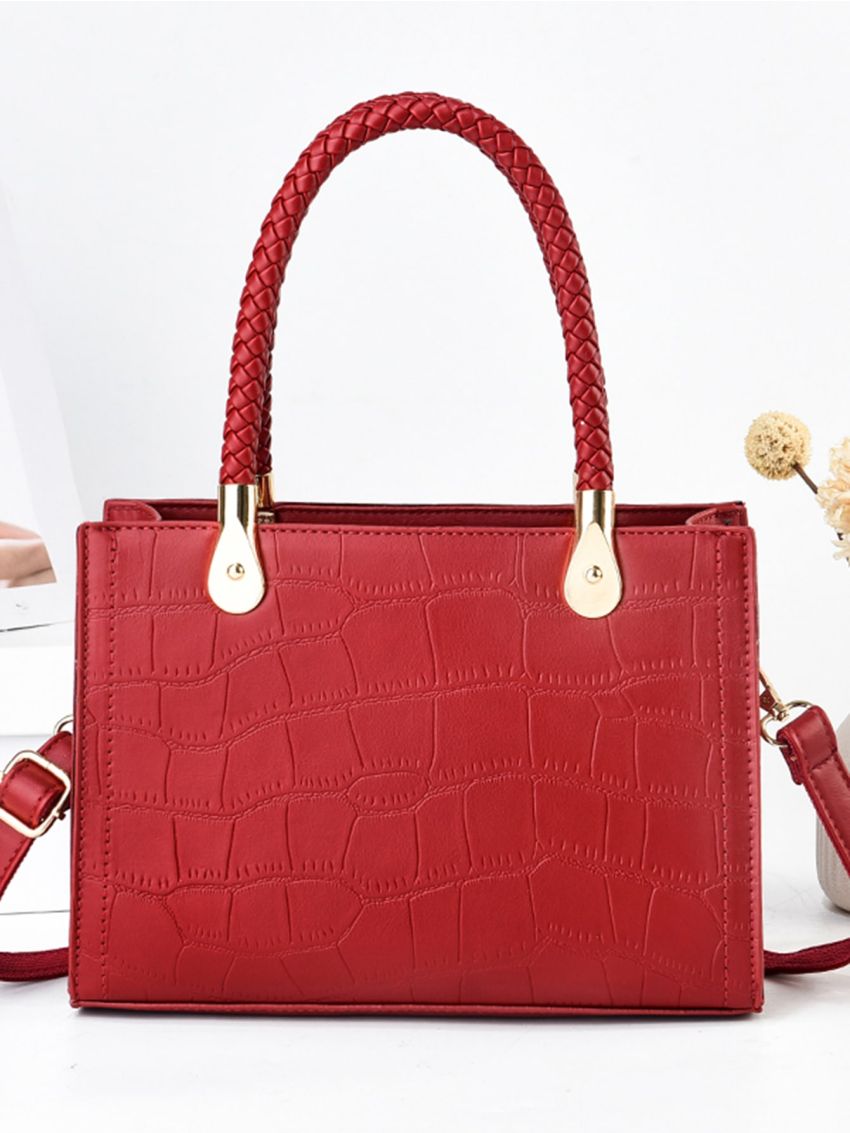 Crocodile Embossed Weave Detail Square Bag