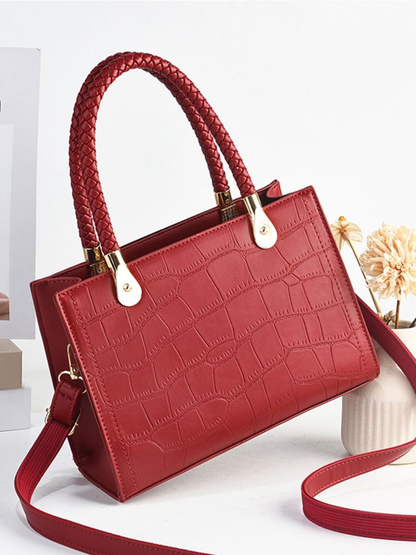 Crocodile Embossed Weave Detail Square Bag