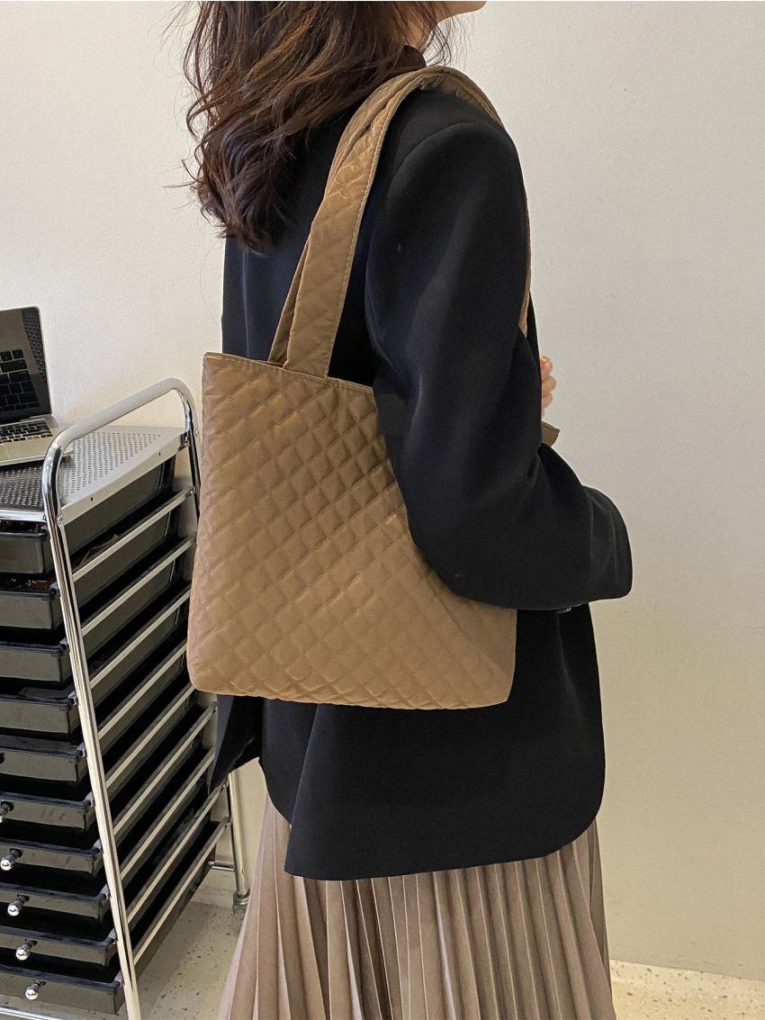 Quilted Detail Square Bag Minimalist Double Handle